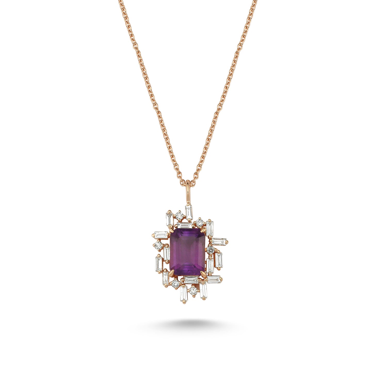 Rose gold necklace featuring a central amethyst, surrounded by baguette and round-cut diamonds
