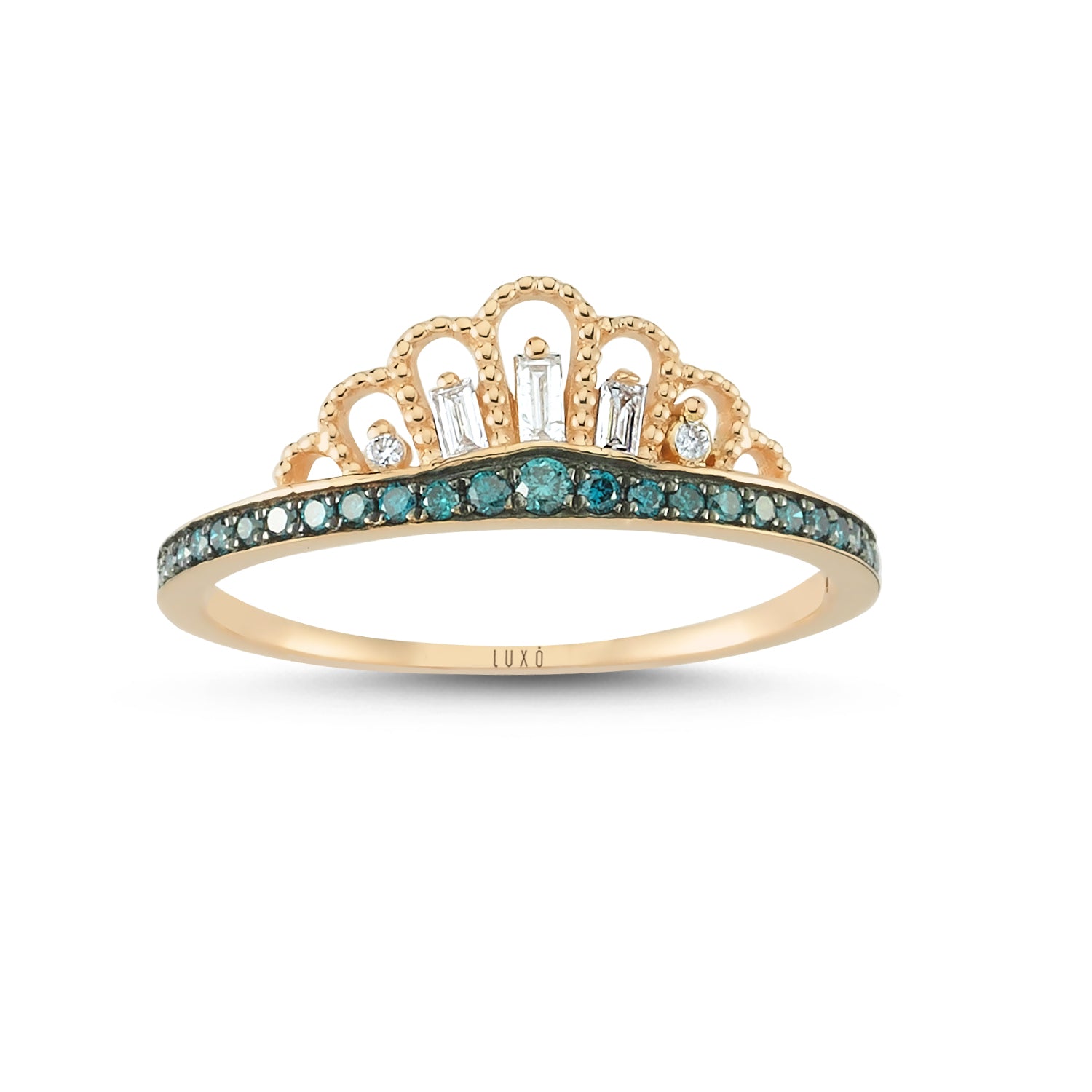 rose gold crown-shaped ring features blue diamonds at its center, surrounded by an array of baguette-cut and round-cut diamonds nestled amidst the crown's leaves