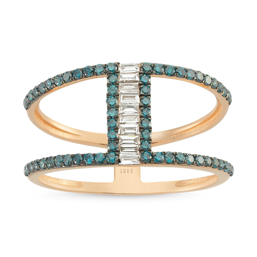 Ring featuring a central arrangement of baguette-cut diamonds, elegantly encircled by round-cut blue diamonds adorning both bands
