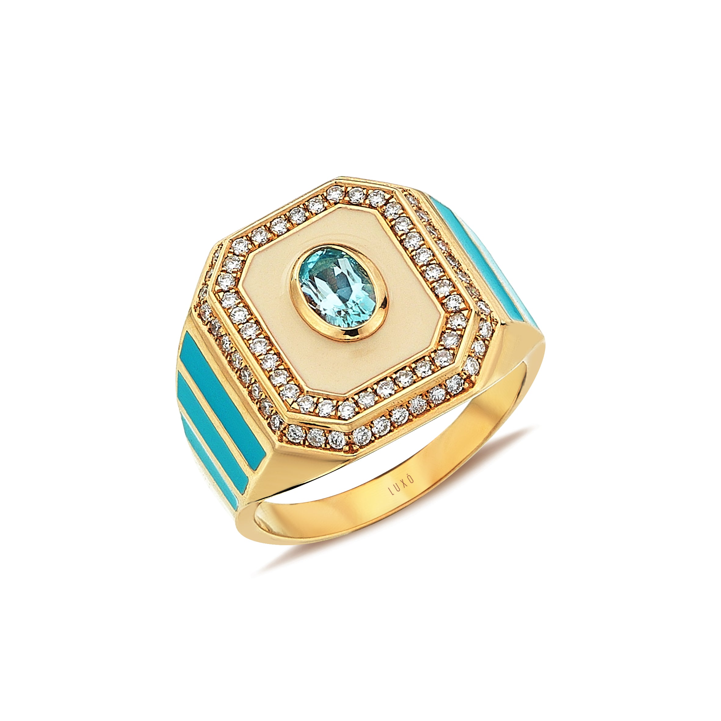 Rose gold ring with blue enamel, a blue topaz center, surrounded by a diamond cluster