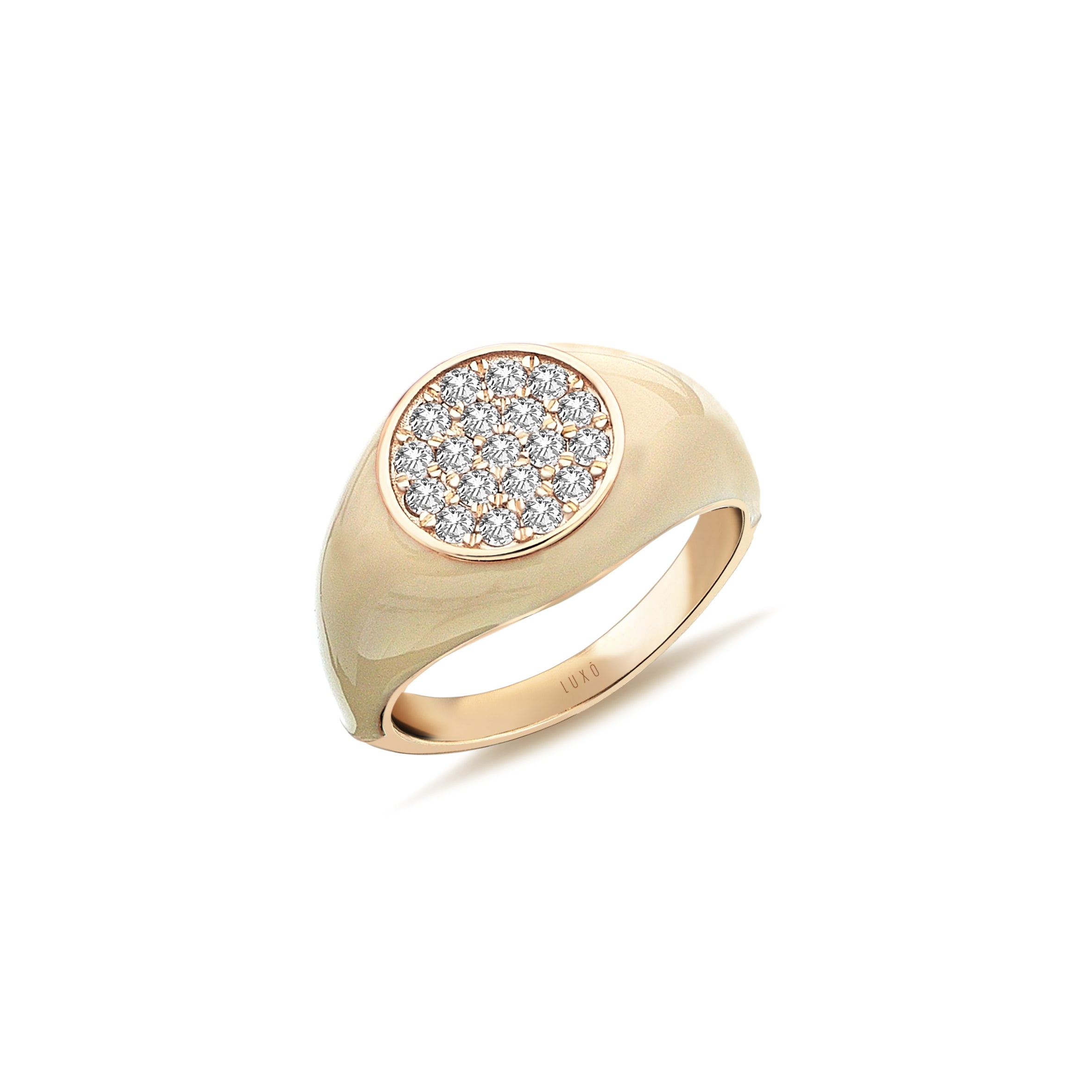 Rose gold ring featuring a cluster of diamonds at the center, surrounded by ivory enamel