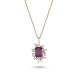 Rose gold necklace featuring a central amethyst, surrounded by baguette and round-cut diamonds