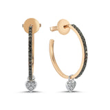 14ct Rose Gold Dangling Heart Black Diamond Hoop Earrings