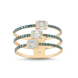  Rose gold triple band ring with round-cut blue diamonds and baguette-cut diamonds as centerpieces on each band