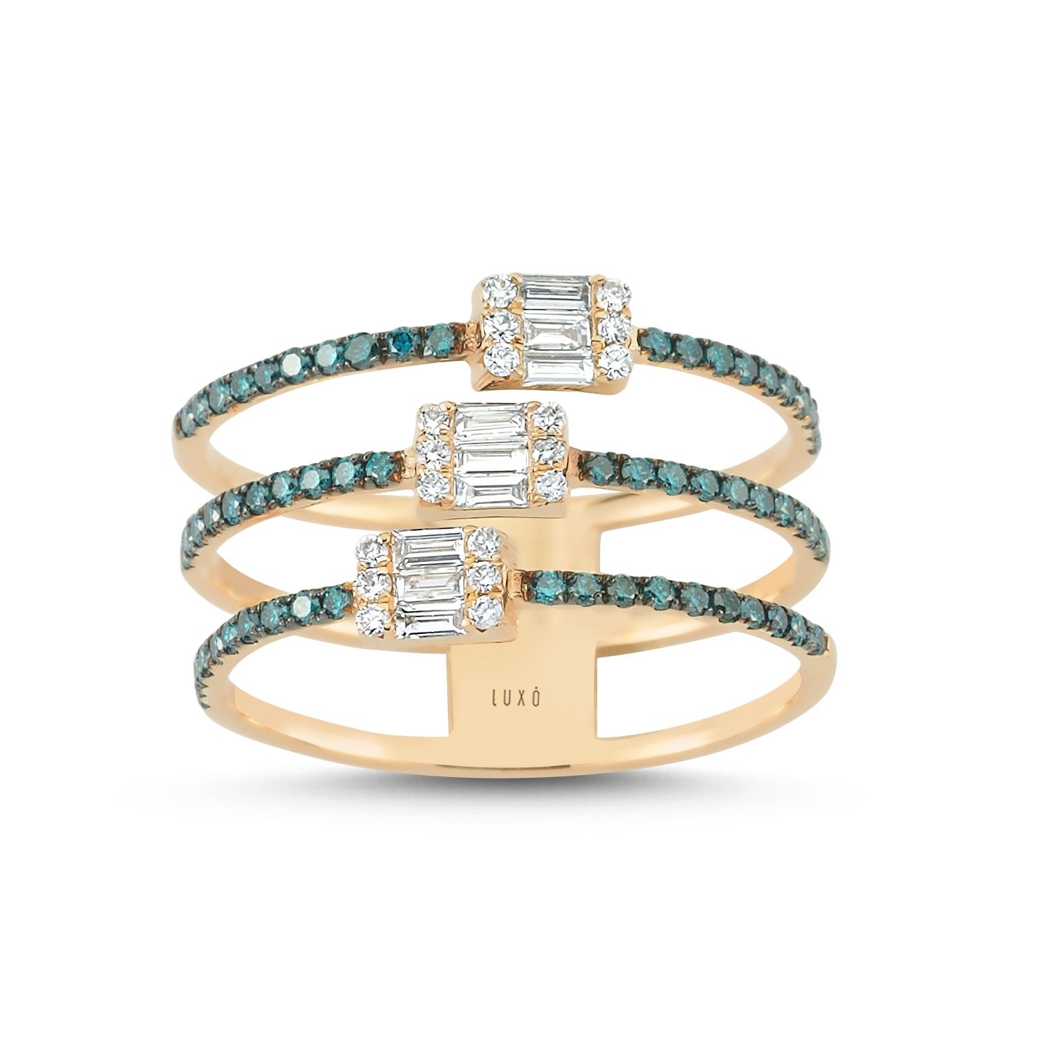  Rose gold triple band ring with round-cut blue diamonds and baguette-cut diamonds as centerpieces on each band