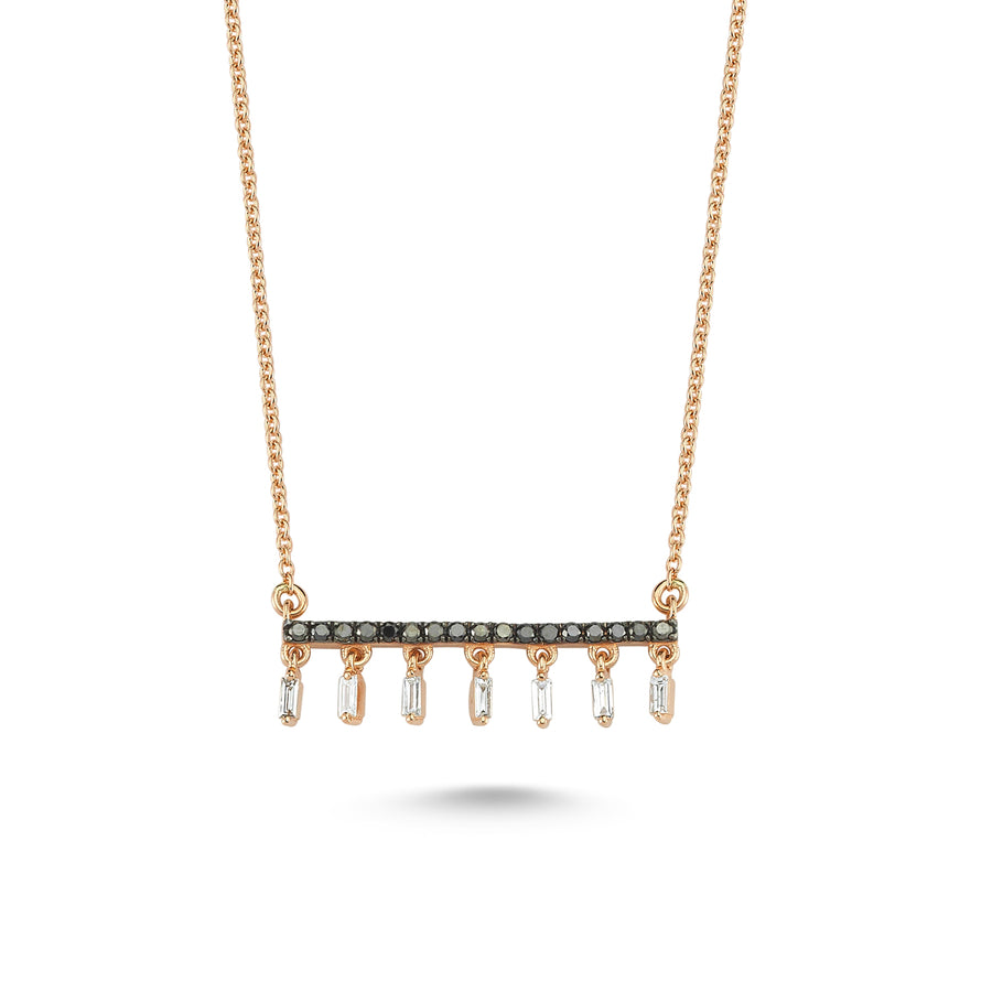 Rose gold necklace featuring a central round-cut black diamonds and dangling baguette-cut diamonds