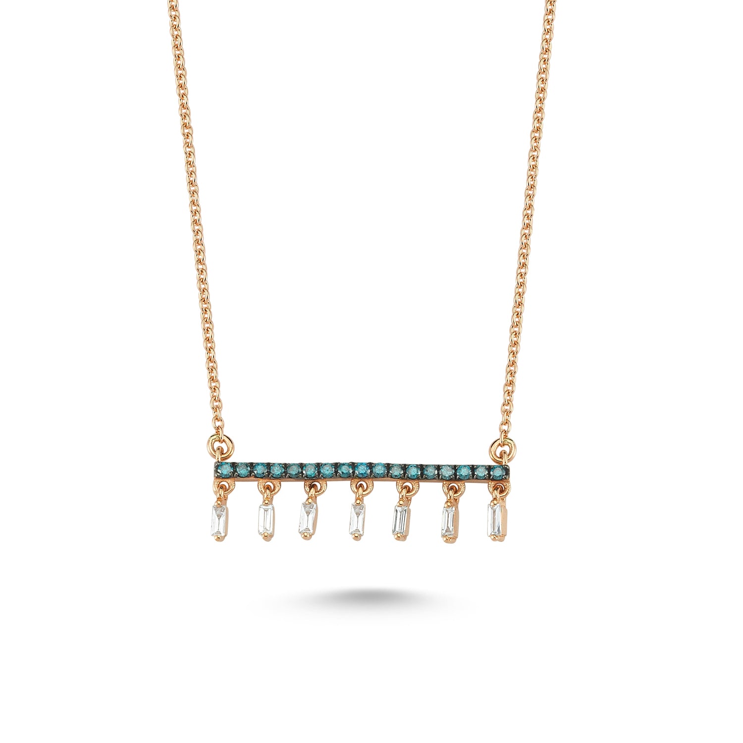 Rose gold necklace featuring a central round-cut blue diamonds and dangling baguette-cut diamonds