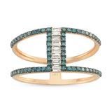 Ring featuring a central arrangement of baguette-cut diamonds, elegantly encircled by round-cut blue diamonds adorning both bands