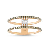 Rose gold ring with baguette and round-cut diamonds at the center, surrounded by round-cut cognac diamonds along both bands