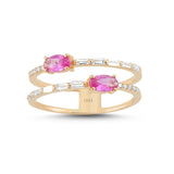 Baguette 14ct Rose Gold Double Band Pink Sapphire Diamond Ring