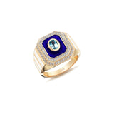 Rose gold ring with navy blue enamel, a blue topaz center, surrounded by a diamond cluster