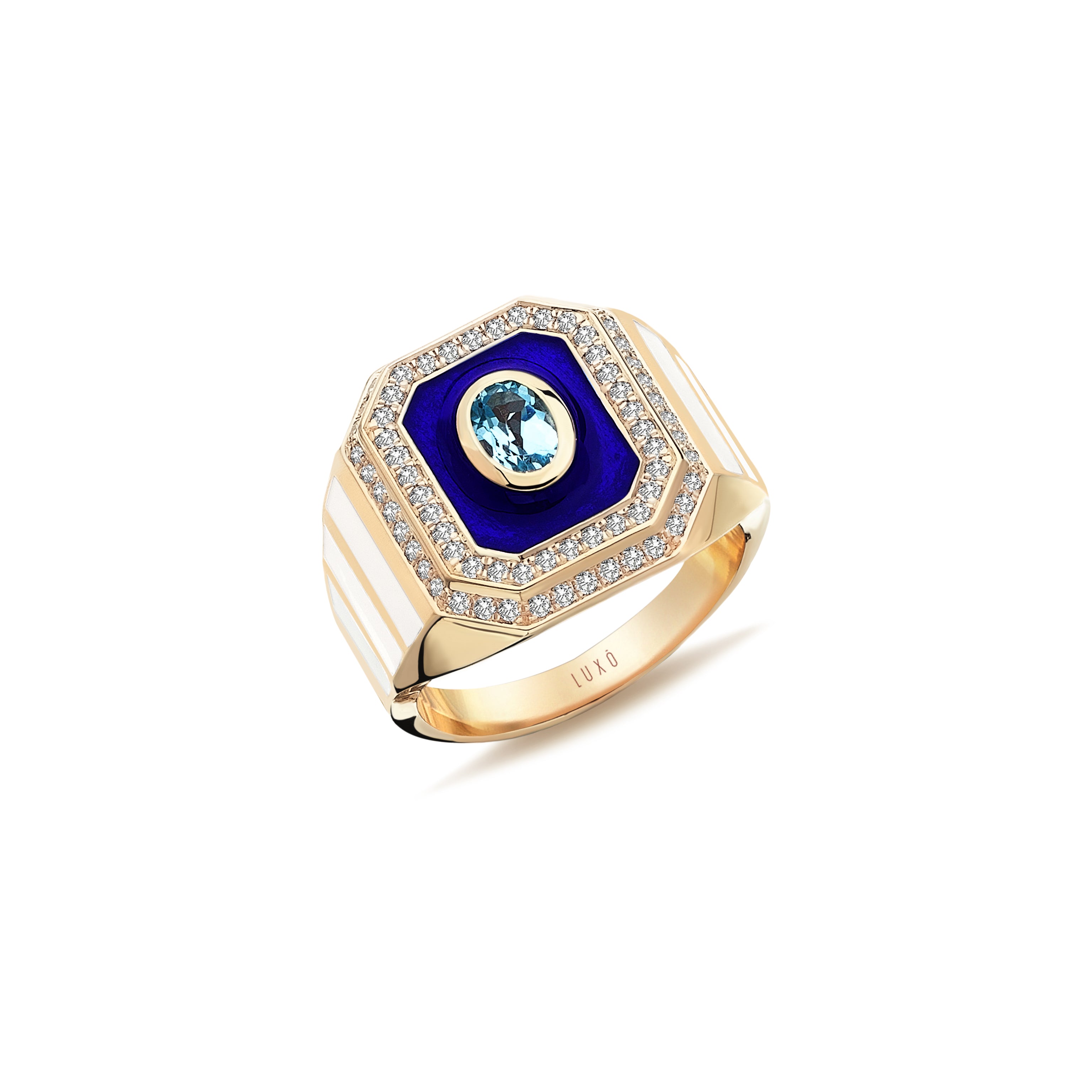 Rose gold ring with navy blue enamel, a blue topaz center, surrounded by a diamond cluster