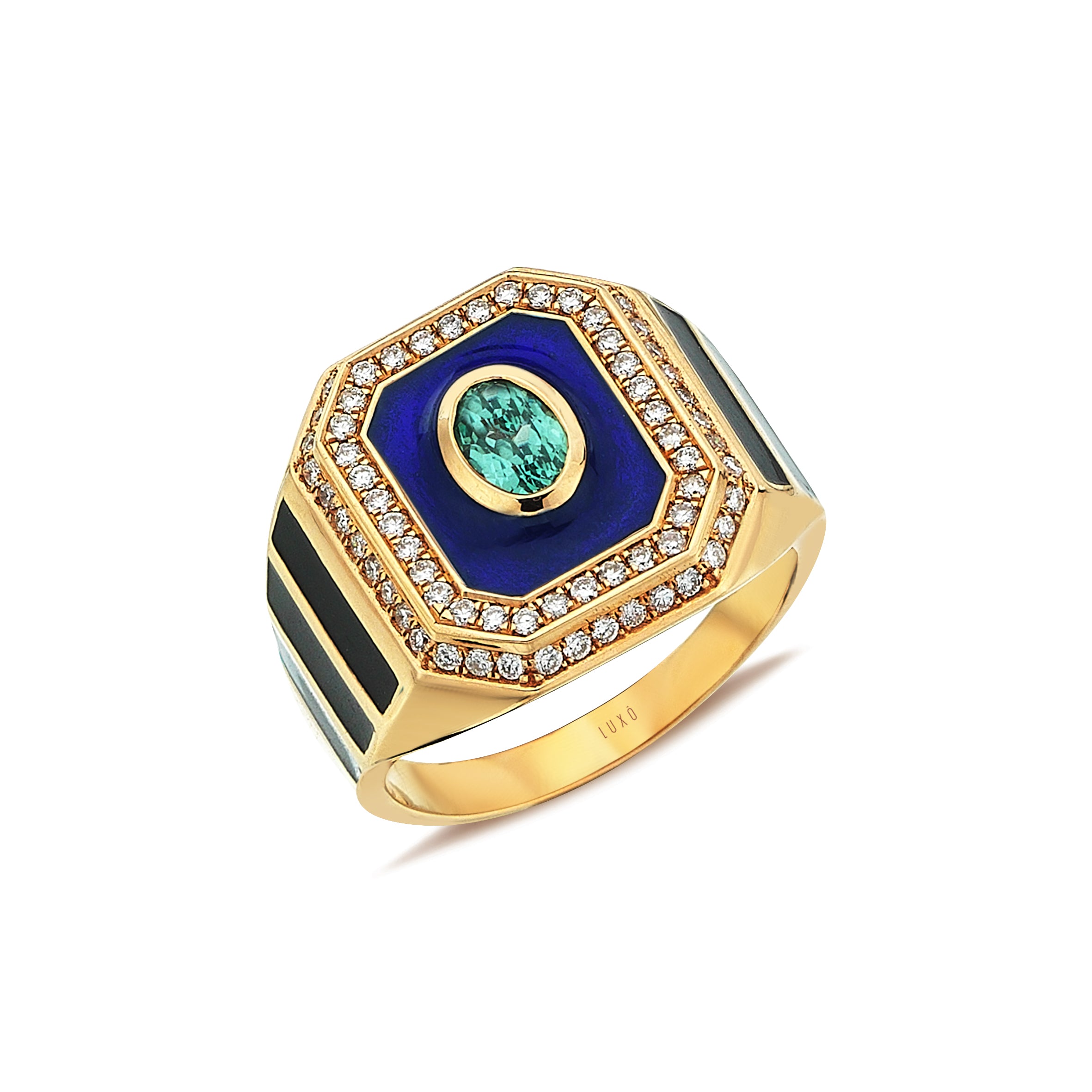 Rose gold ring with navy blue enamel, a green sapphire center, surrounded by a diamond cluster