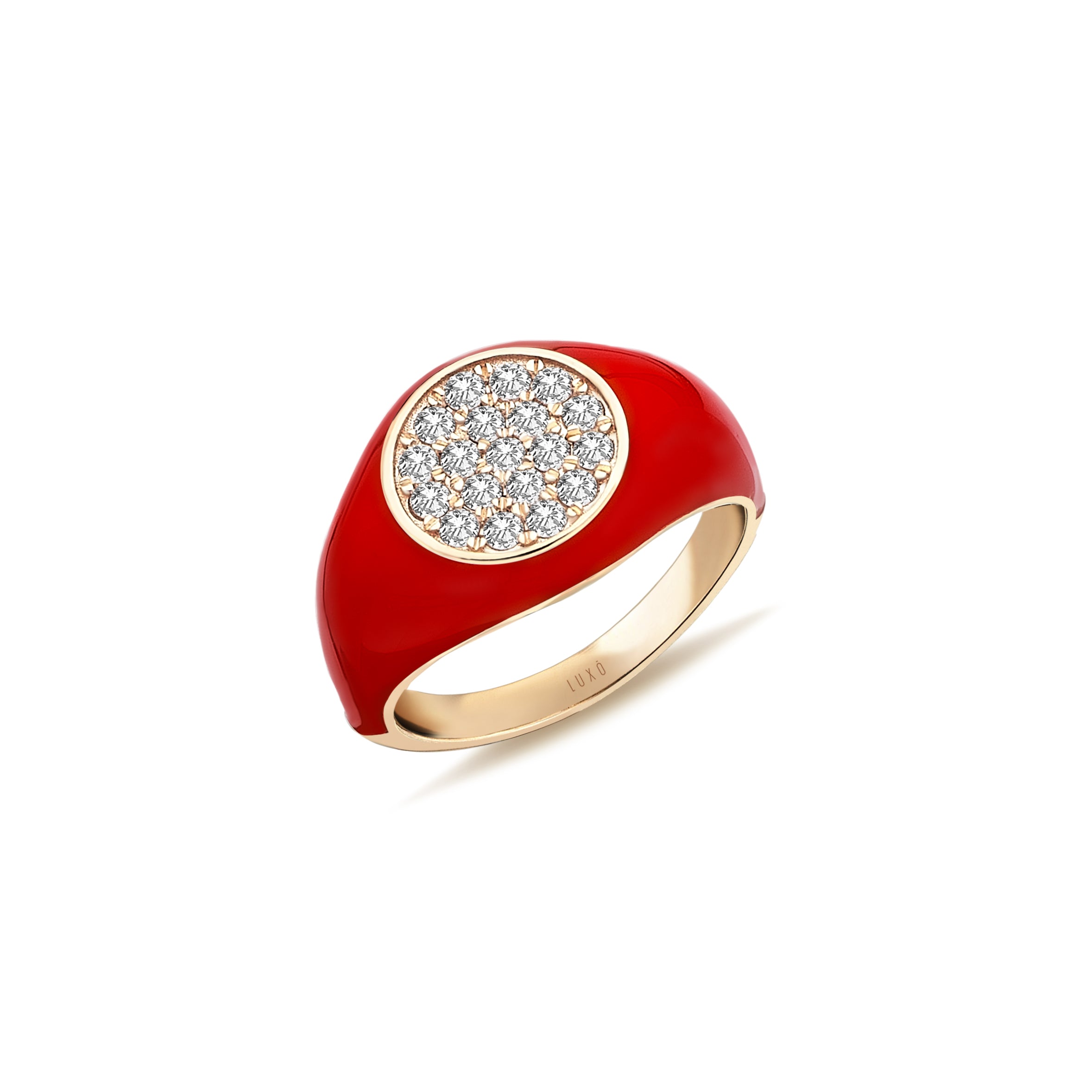rose gold ring featuring a cluster of diamonds at the center, surrounded by red enamel